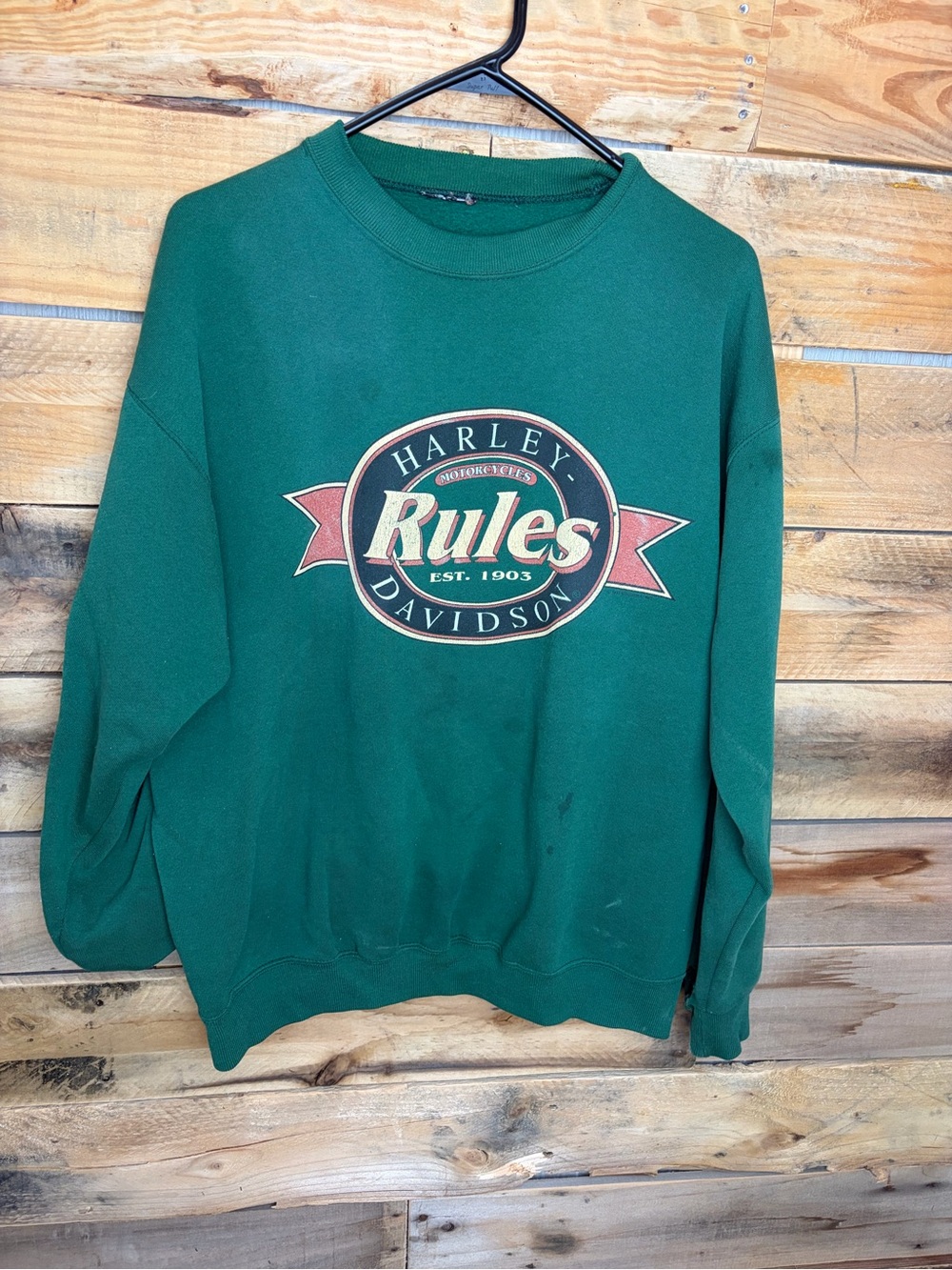 Harley-Davidson 90s Green Crewneck Sweatshirt with 'Rules' Logo